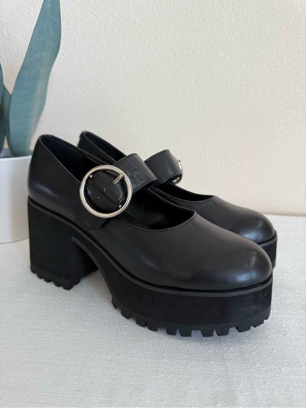 Current Mood Black Mary Jane Platform Heels with Silver Buckle